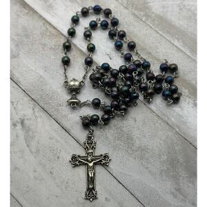 Vintage Black Iridescent Glass Bead Rosary, Catholic Prayer Beads, Crucifix
